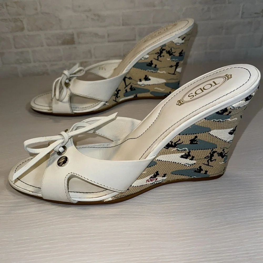 Tod's White Ribbon Wedge Wakeboard Pattern Espadrille Sandal Heel Shoes